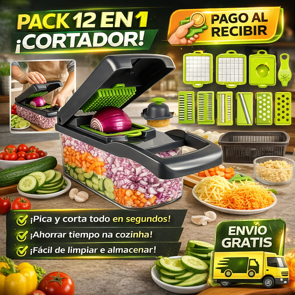 CORTADOR DE VERDURAS 12 EN 1 MULTIFUNCIÓN CON CONTENEDOR – CORTA, PICA Y REBANA EN SEGUNDOS