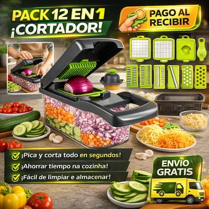 CORTADOR DE VERDURAS 12 EN 1 MULTIFUNCIÓN CON CONTENEDOR – CORTA, PICA Y REBANA EN SEGUNDOS