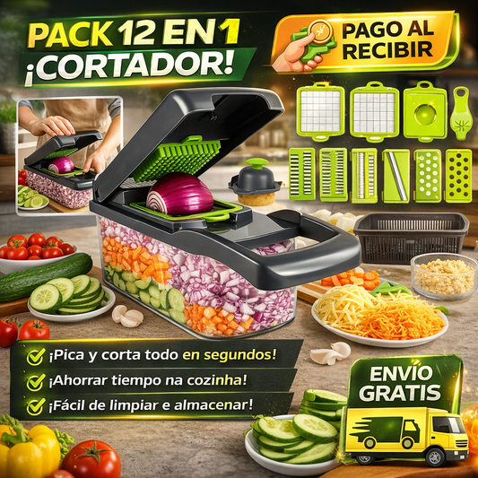 CORTADOR DE VERDURAS 12 EN 1 MULTIFUNCIÓN CON CONTENEDOR – CORTA, PICA Y REBANA EN SEGUNDOS