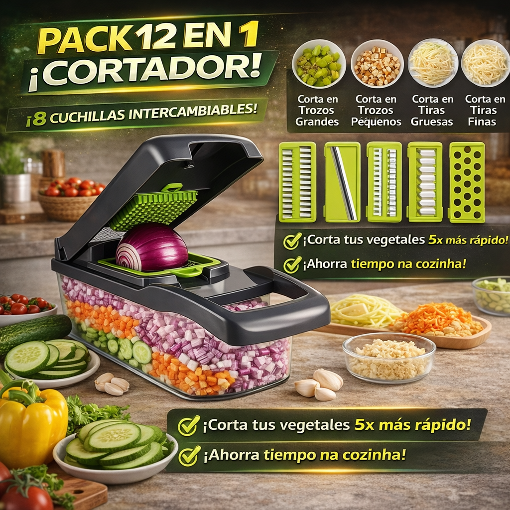 CORTADOR DE VERDURAS 12 EN 1 MULTIFUNCIÓN CON CONTENEDOR – CORTA, PICA Y REBANA EN SEGUNDOS