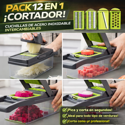 CORTADOR DE VERDURAS 12 EN 1 MULTIFUNCIÓN CON CONTENEDOR – CORTA, PICA Y REBANA EN SEGUNDOS